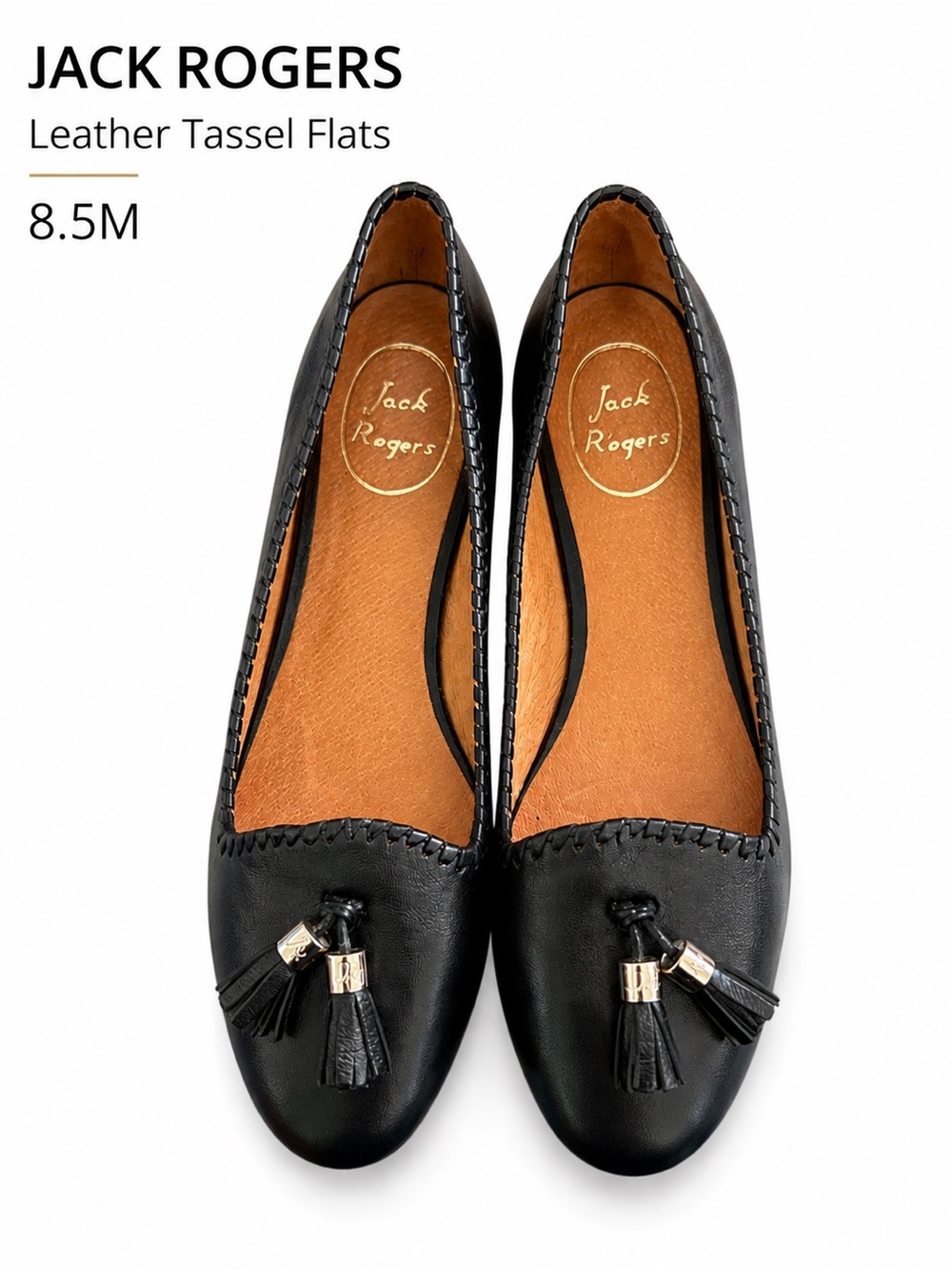 Jack Rogers Black Leather Tassel Flats Loafers Size 8.5M